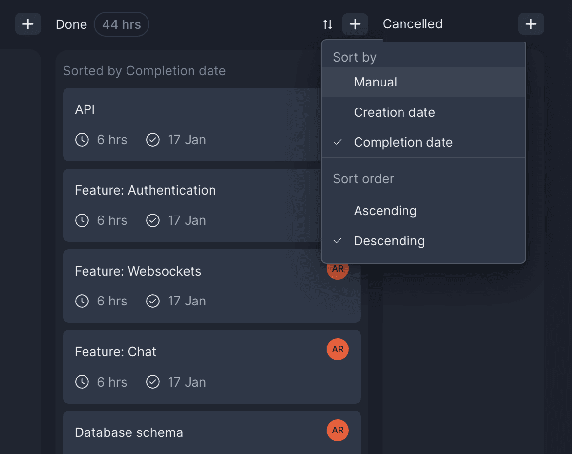 Sorting completed tasks